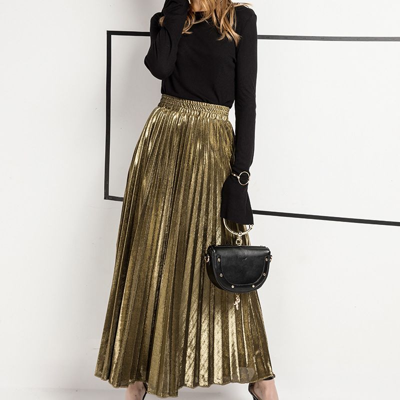 【U LAN】Apple Golden Pleated Skirt Gold Pleated Long Skirt 2025 | solajoiers.com