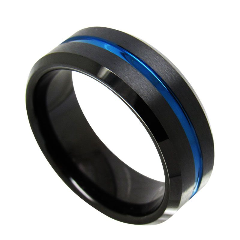 8mm Black And Blue Tungsten Carbide Ring Brushed With Blue Center