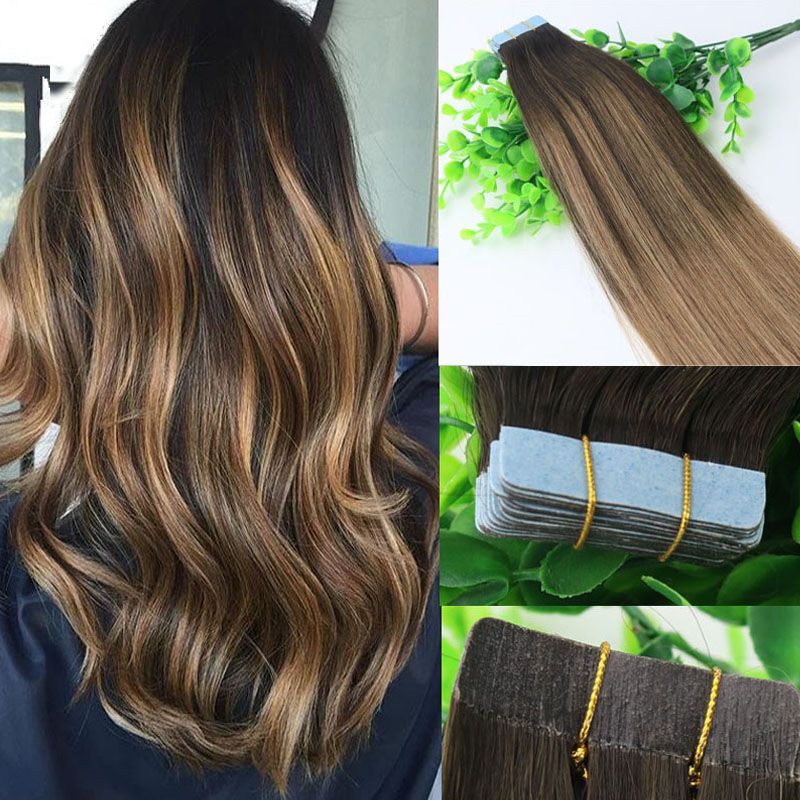Ombre Hair Extensions Glueless 2 6 Tape In Human Hair Extensions 10gram Brazilian Virgin Hair Balayage Dark Brown Highlight Skin Weft Straight Human