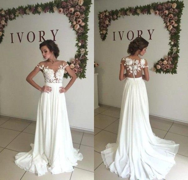 Discount Romantic Summer Lace Beach Wedding Dresses 2017 Sheer Neck