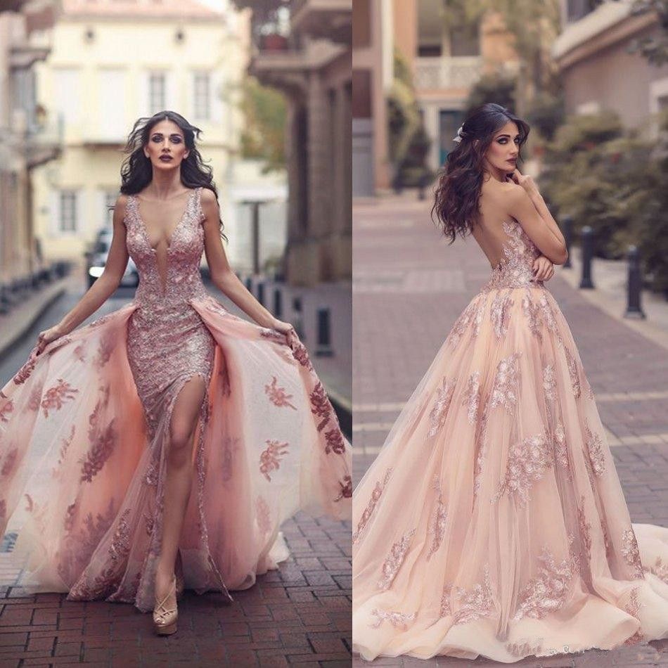 2017 Sexy Blush Pink Prom Dresses Deep V Neck Lace Appliques Side Split ...