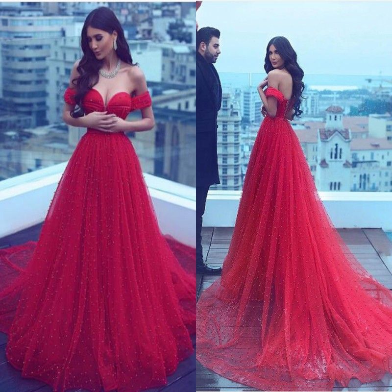 red off the shoulder evening dress
