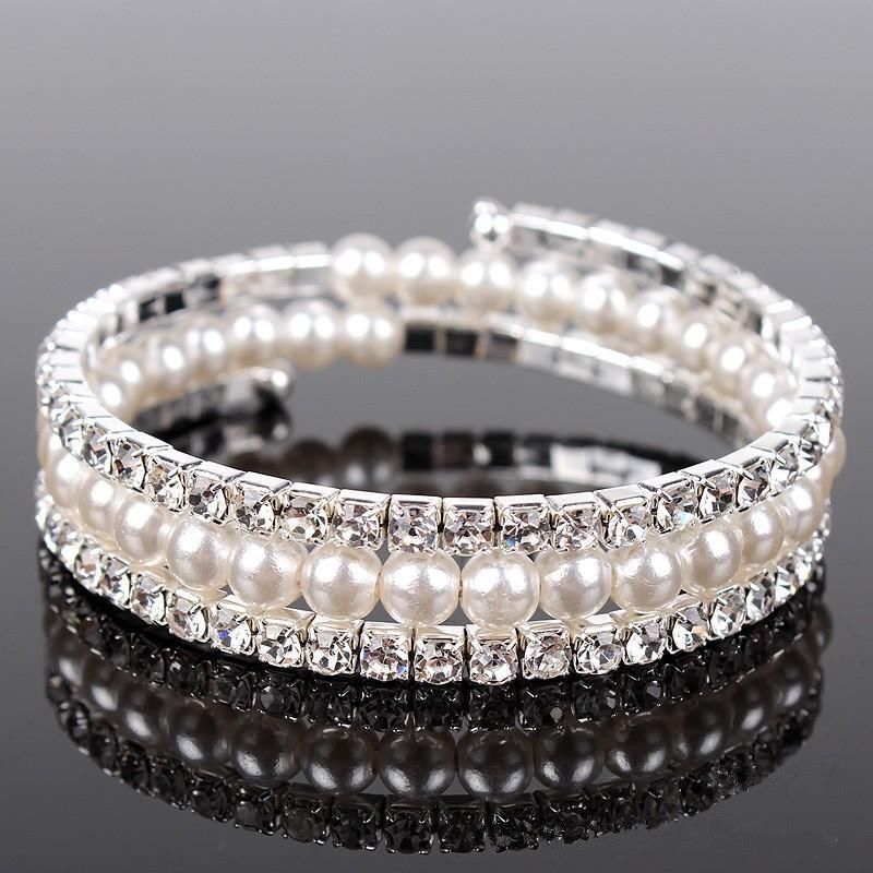 Luxury Pearls 3 Rows Rhinestones Stretch Bangle Wedding Bracelets