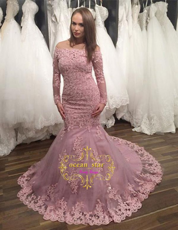 2017 Pink Long Sleeves Colored Wedding Dresses Tulle Mermaid Off