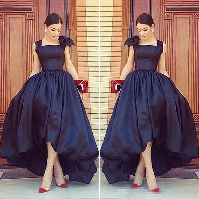 Arabic High Low Black Formal Prom Party Gowns 2017 Cap Sleeves Scoop
