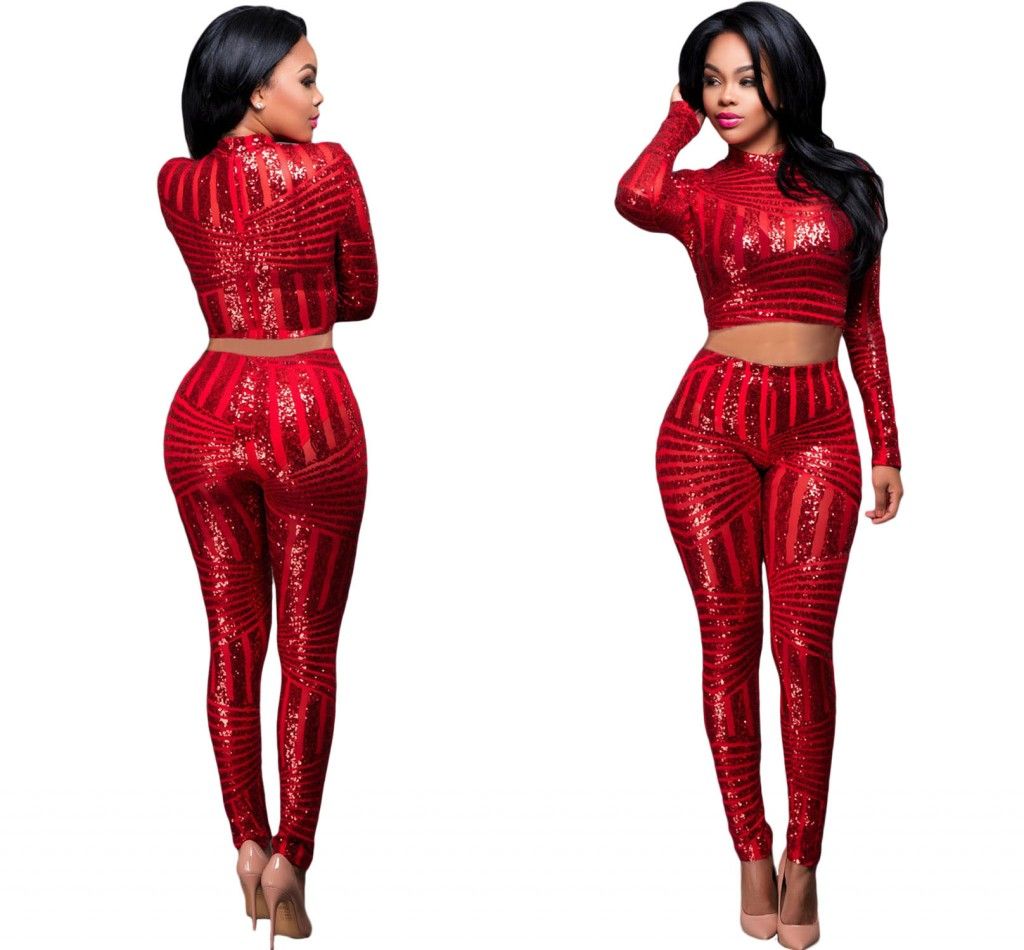 Großhandel Rote Pailletten Overall Zwei Stücke Hosen Set 2017 Sparkly ...