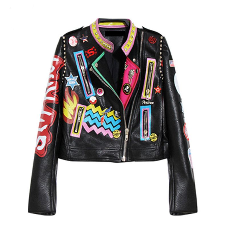 Whole Autumn Women Punk Heavy Metal Short Leather Jacket Black Whole Autumn Women Punk Heavy Metal Short Leather Jacket Black Zipper Rivet Long Sleeve Plus Size Motorcycle Graffiti Printing Coat Er