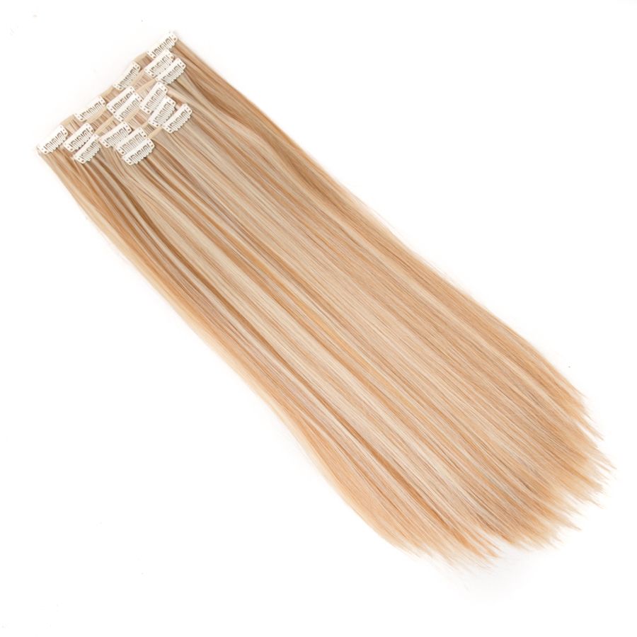 Clips Long Straight Beige Blonde Hair Pieces Synthetic Mega Pad