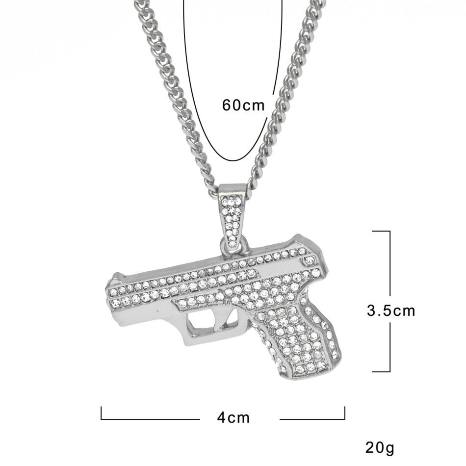 Wholesale Mens Gun Necklace Bling Rhinestone Crystal Charm Gold Silver