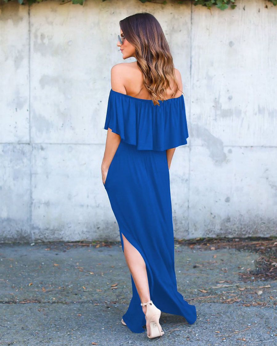 2017 Royal Blue Casual Dresses With Pockets Off Shoulder Ruffled Long ...