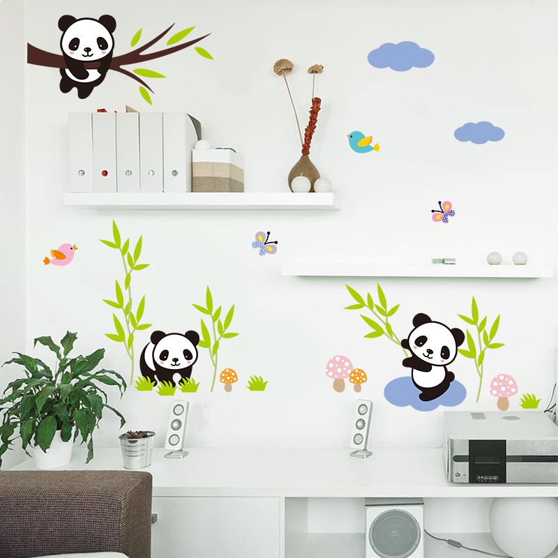 cartoon forest panda bamboo birds tree wall stickers for kids room