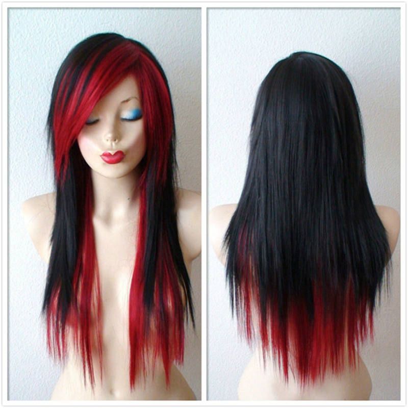 Halloween Cosplay Black Wine Red Scene Hairstyle Wig Emo Long