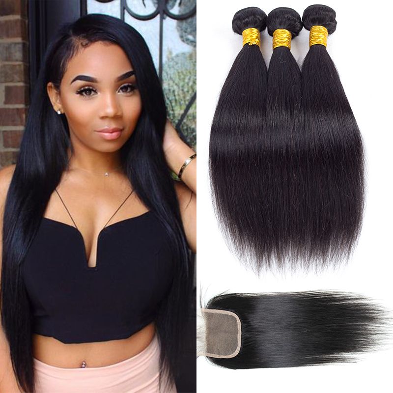 Peruvian Silk Straight Hair Bundles With Lace Closure Free Middle