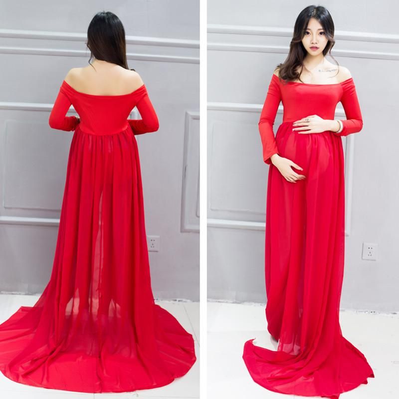 red off the shoulder maternity dress