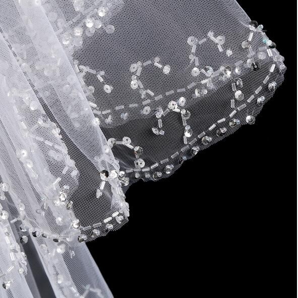 Veil de mariage à la main en perles brillante à la main 2 couches de tulle courte blanc / ivoire voiles de mariée 2019 Meilleure vente