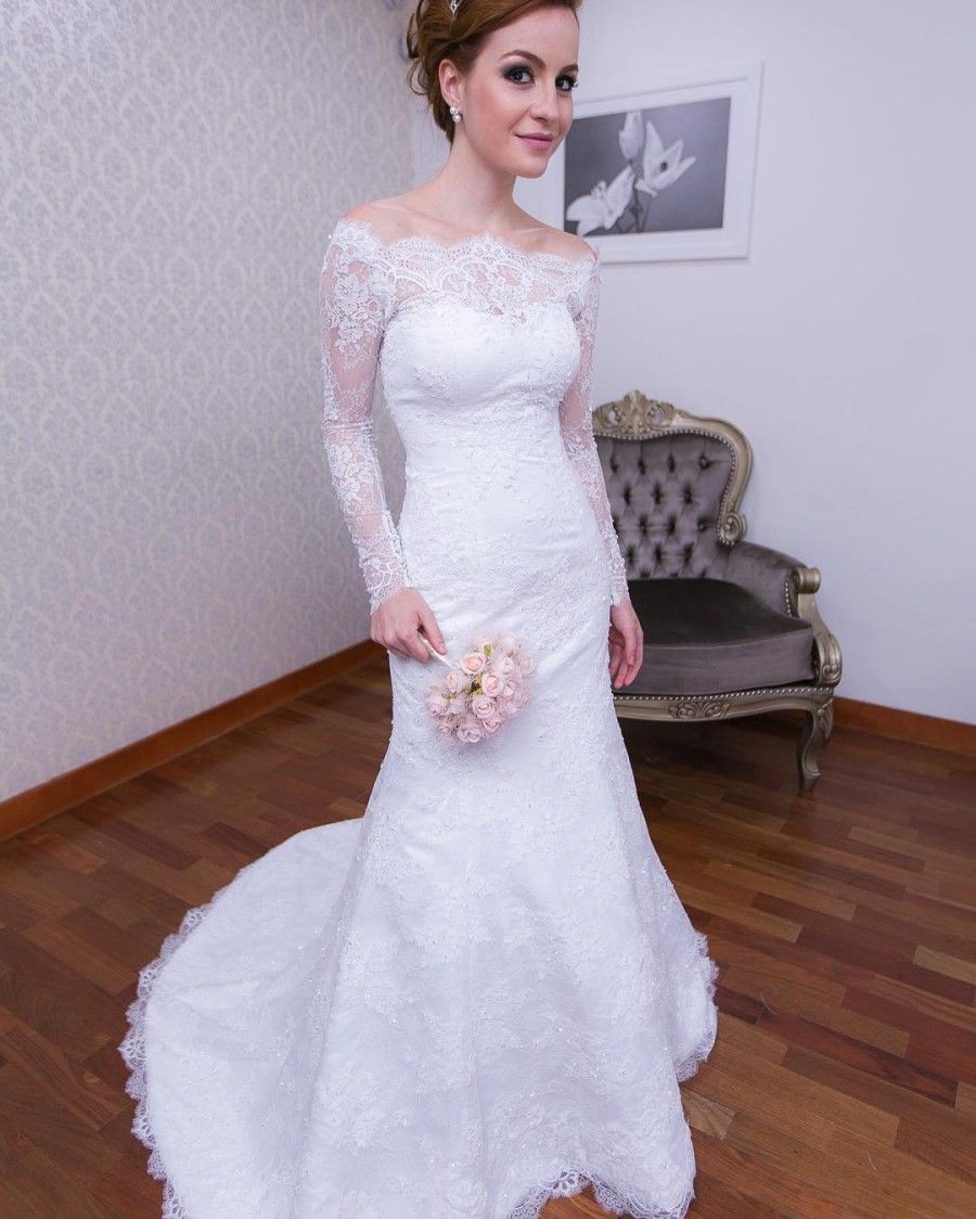 Compra Vestidos De Novia De Encaje Elegantes Y Sencillos Con Mangas Largas  Estilo Sirena Bateau Fuera De Hombros Vestidos De Novia Volver Botones  Cubiertos Barato | Entrega Rápida Y Calidad | Es.Dhgate