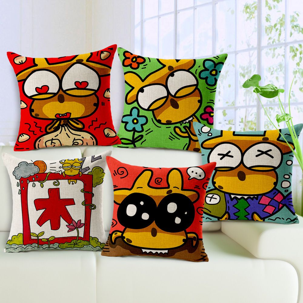Emoji Pillows Cases Linen Cotton Cartoon Giraffe Throw Pillow Case