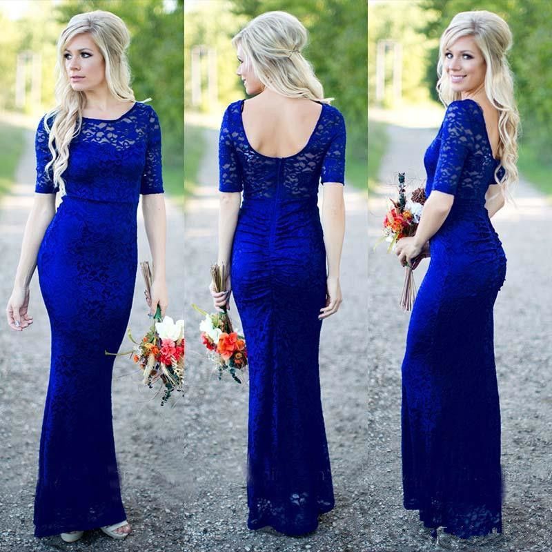 Royal Blue Lace Mermaid Country Long Bridesmaid  Dresses  