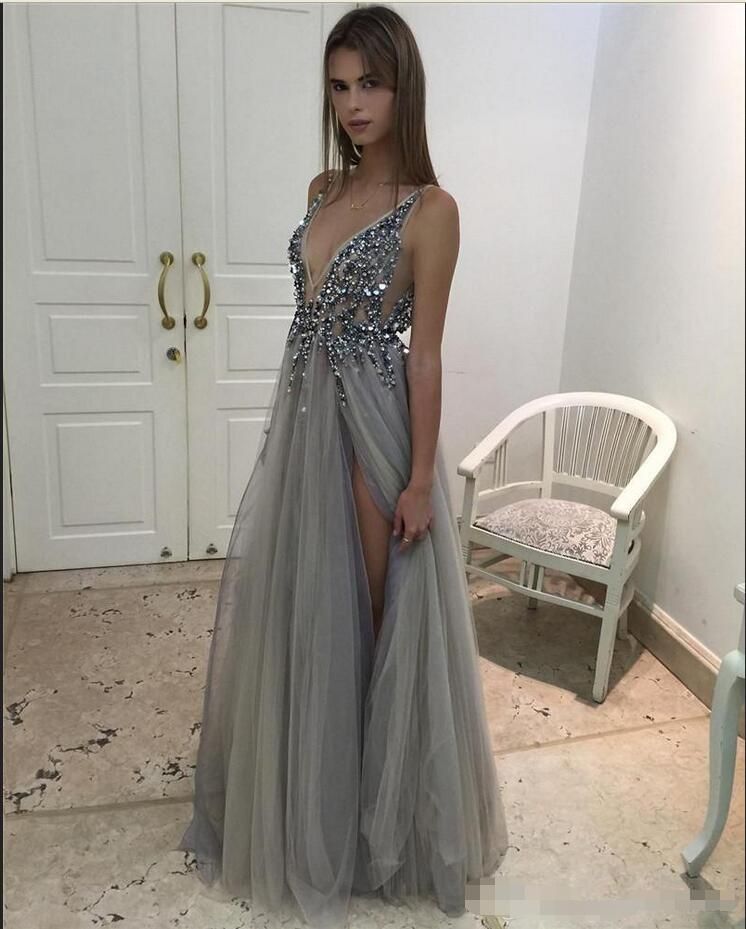 Shade Pink Chiffon White Lace Prom Dresses Sexy Thigh Split Sweep ...