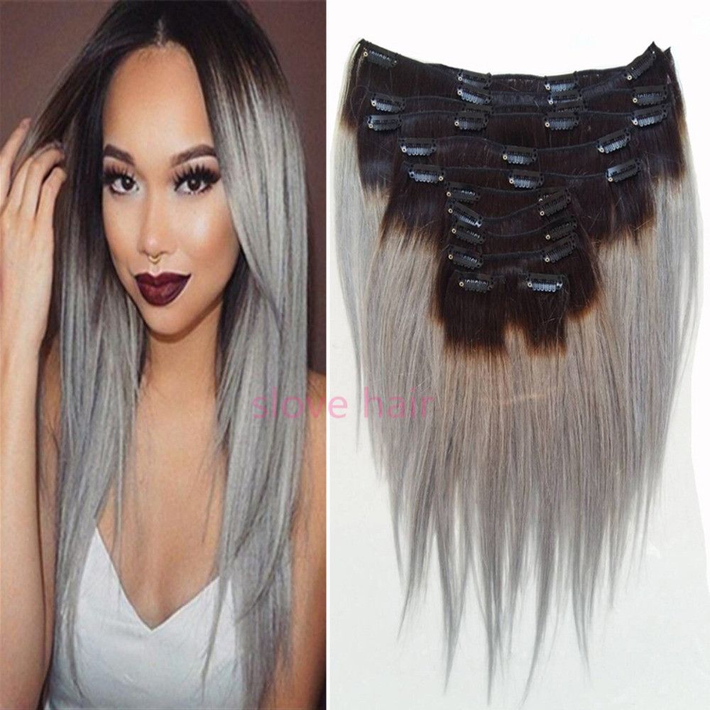 Ombre Silver Gray Clip In Human Hair Extension Sexy Hot Brazilian