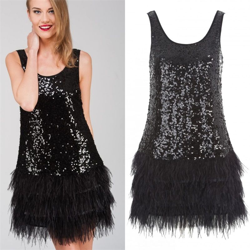 sequin and feather cocktail dress