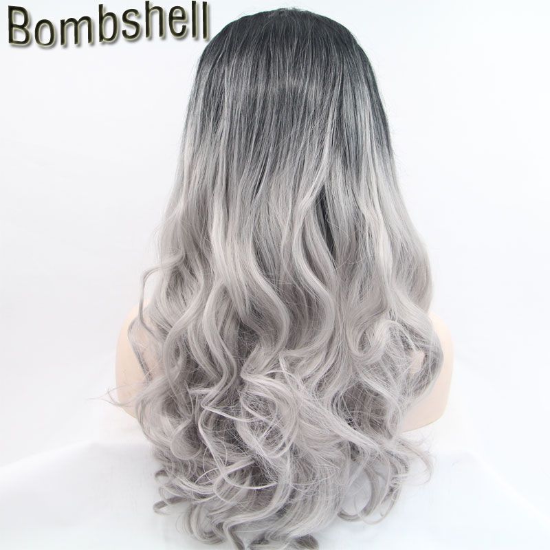 Bombshell Short Black Roots Ombre Silver Grey Long Loose Wave