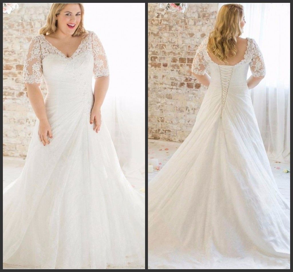 Plus Size Wedding Dresses Lace Sleeve Short Sleeve Cheap Formal