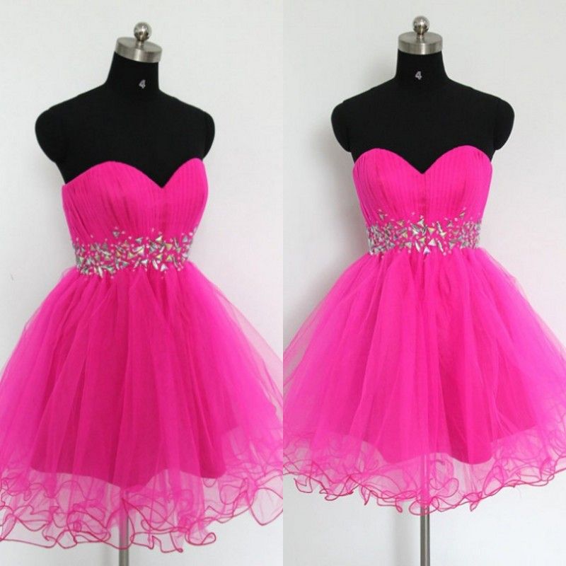 Hot Pink Cheap Short Dresses Ruched Tulle Sweetheart