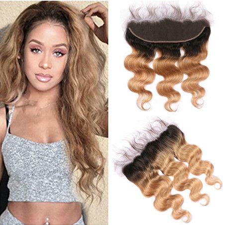 Brazilian T1b 27 Honey Blonde Ombre Virgin Human Hair 13x4 Full