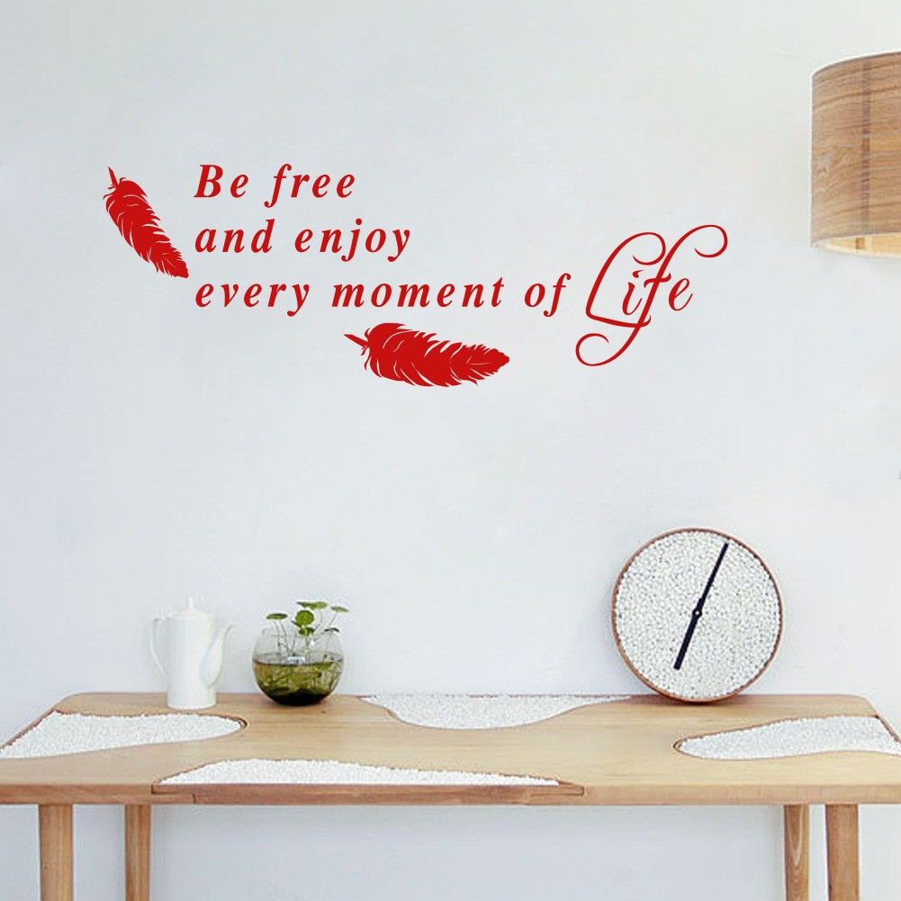 Be Free And Enjoy Every Moment of Life Quote Wall Stickers for Living Room Feather Art Vinyl Wall Decor Various Color Quote Wall Decals Kids Room Stickers