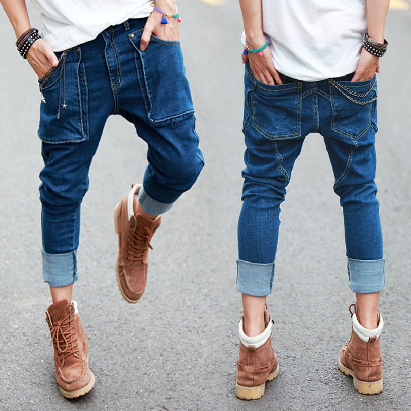 WholesaleSummer New Mens Hip Hop Jeans Vintage Washed Pockets Drop Crotch Roll Up Harem Jeans