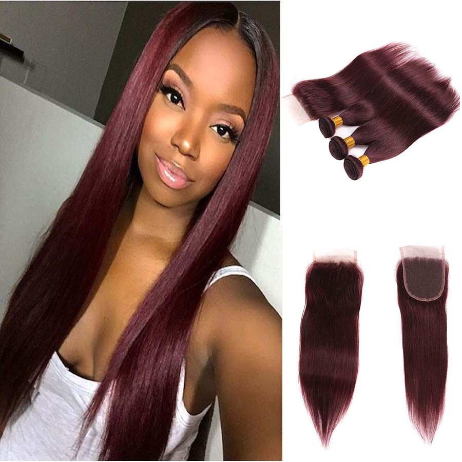 Brazilian Lace Closure With Bundles Burgundy Long Human Hair