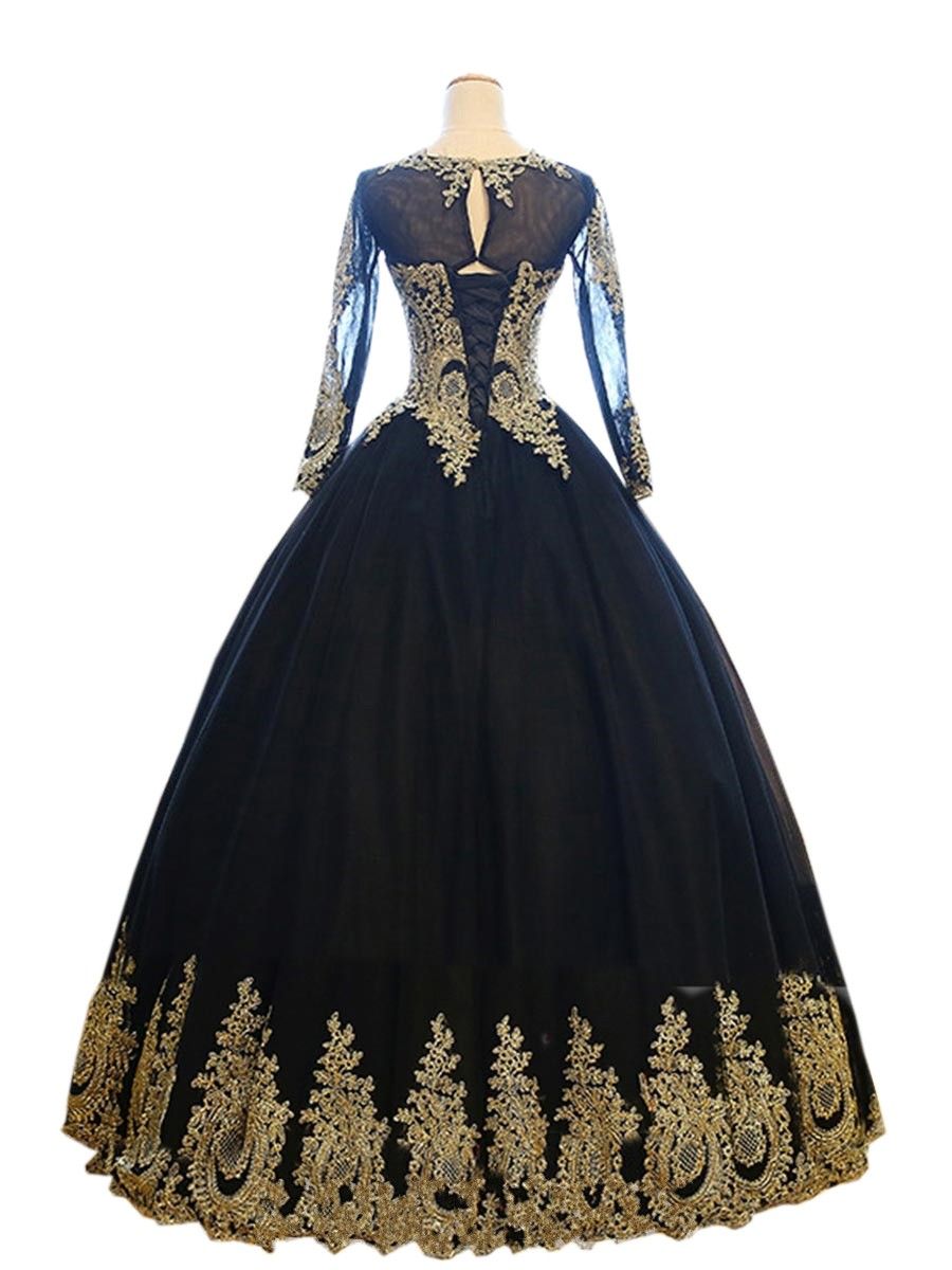 Compra Negro Sexy Con Apliques Dorados Vestido De Novia Vestidos De Bola  Baratos Con Ilusión Manga Larga Corsé Volver Tren De Barrido Tul Vestidos  De Novia Nupciales Barato | Entrega Rápida Y