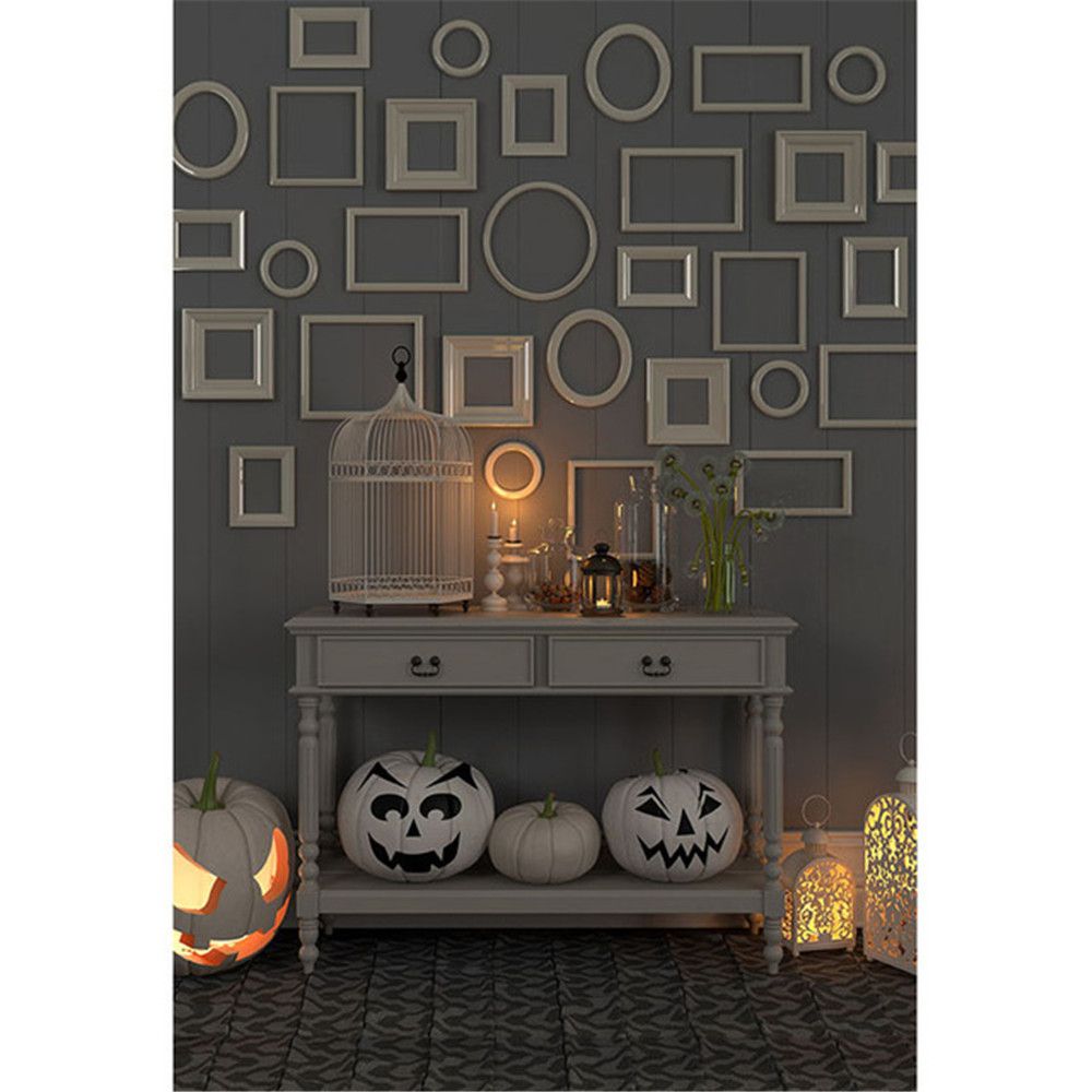 interior room halloween backdrops for photography circle square frames grey wall pumpkin lanterns children kid studio photo booth background halloween