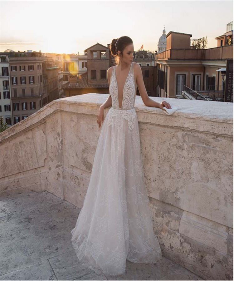 Discount Sexy Beach Wedding Dresses Ivory Deep V Neck Backless