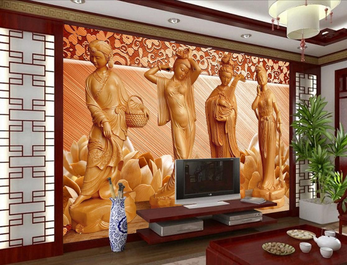 Living Room 3d Wood Carving Four Beauty Tv Background Wall Mural