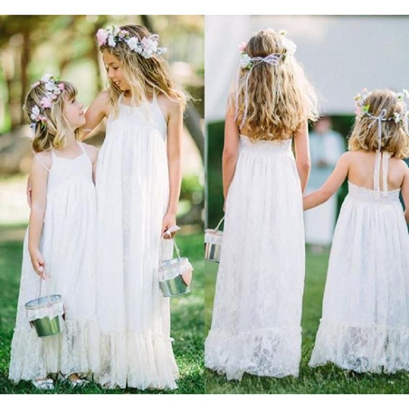 White Lace Junior Bridesmaids Dresses Halter Empire Long Little Girls