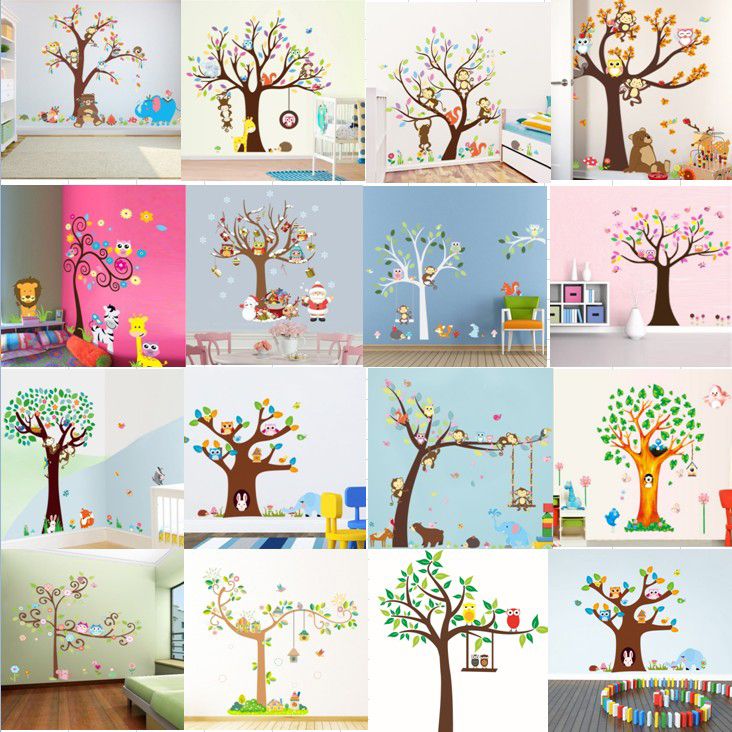 15 styles cartoon forest animals owl monkey bear elephant tree wall