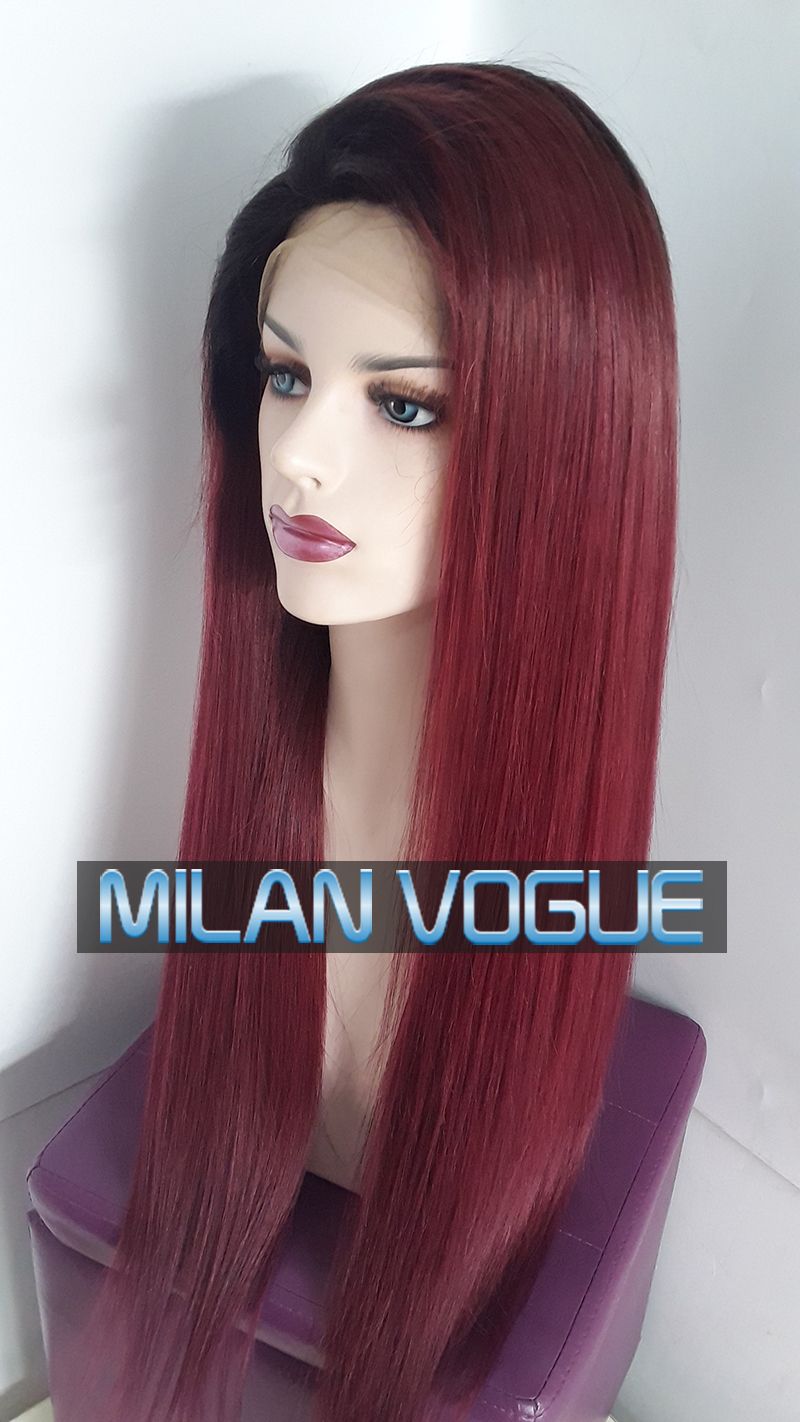 Wholesale Premium Human Hair Dark Red Lace Front Wigs With Black