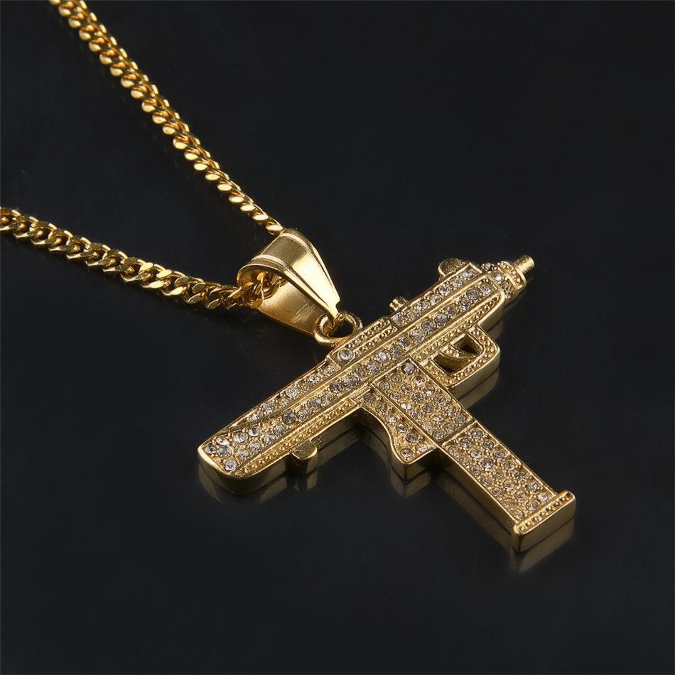 Uzi Machine Gun Hip Hop Pendant Necklace Box Chain Rose Gold Silver Black Plated