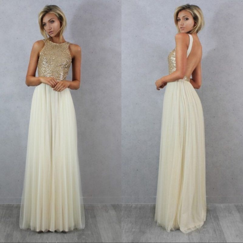 Sequin Top with Satin Champagne Bridesmaid Dresses