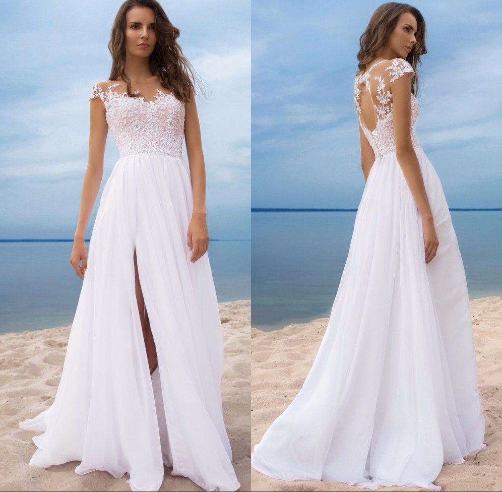 Discount Sexy Split Boho  Wedding  Dresses  2019 Sheer Jewel 