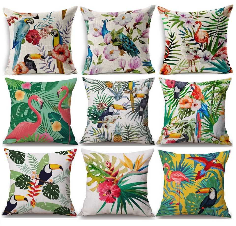 Tropical Plants Flower Pineapple Cushion Cover Bird Parrot 