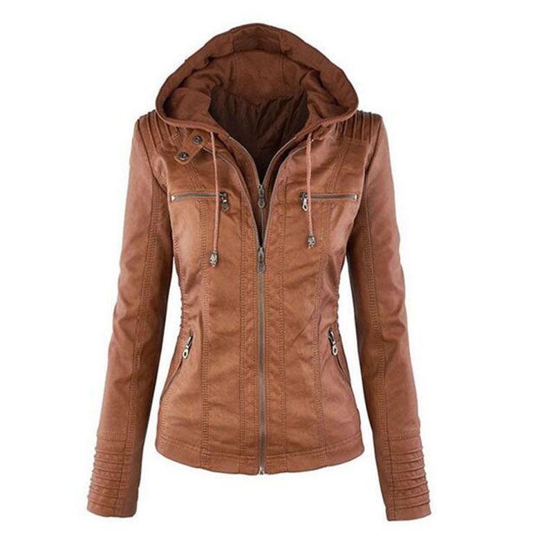 Women'S Pu Leather Jacket Hooded Lapel Zipper Pockets Removable Jackets ...