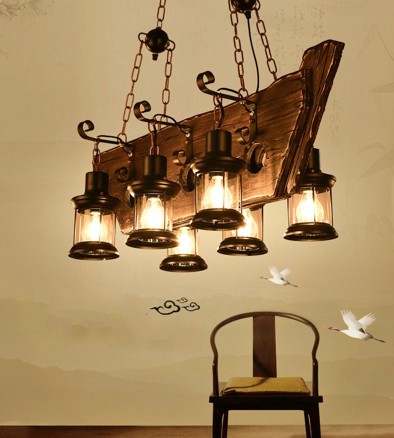 6-Heads Vintage RH Wood Pendant Lamp Big Retro Rectangle Chandelier Pendant Lighting for Bar Home Decorative