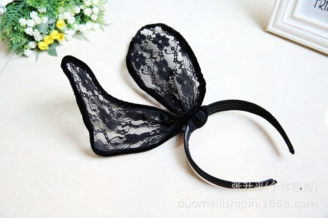 Floral Malha Orelha Coelho Headband Do Partido Black Rabbit Lace Floral Alice Acessórios Para o Cabelo Da Faixa