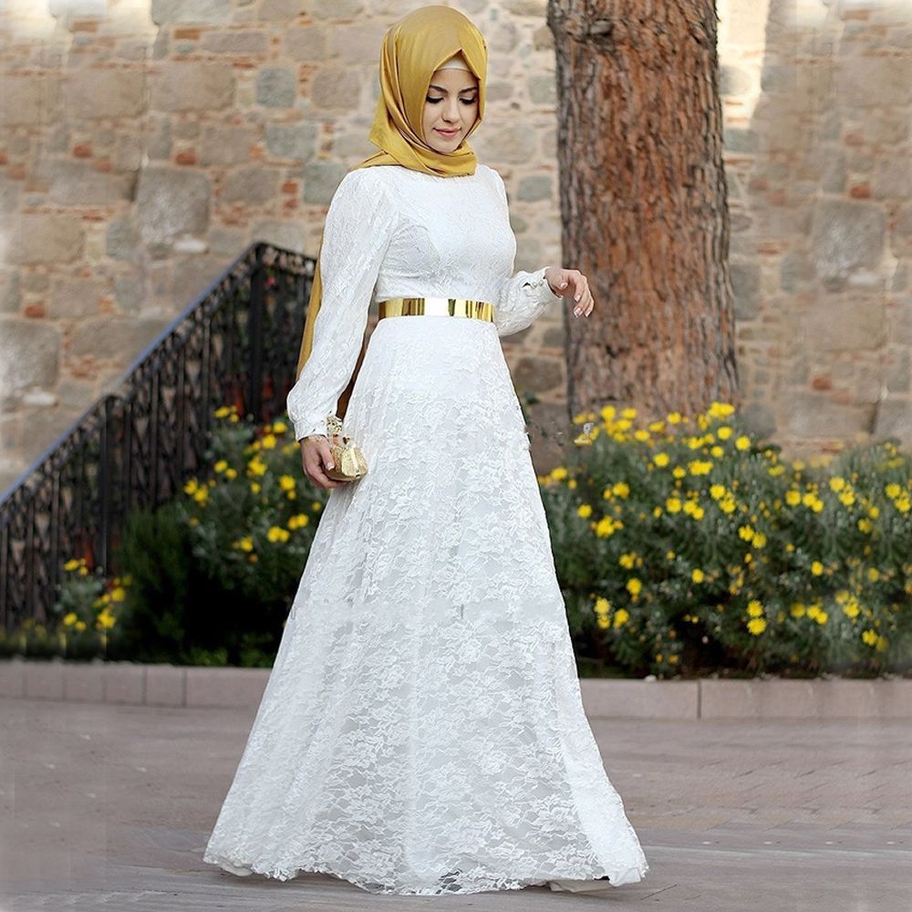 Chiffon Hijab White Lace Indian Muslim Evening Dresses