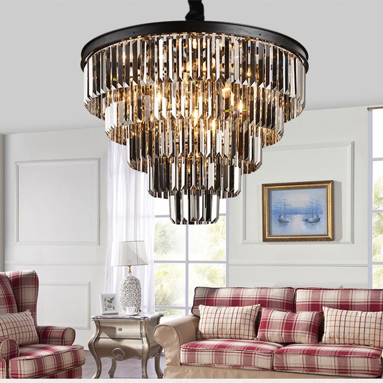 American Black Iron Art Crystal Chandeliers Dining Room Light Lighting Bedroom Lamp Smoke Gray