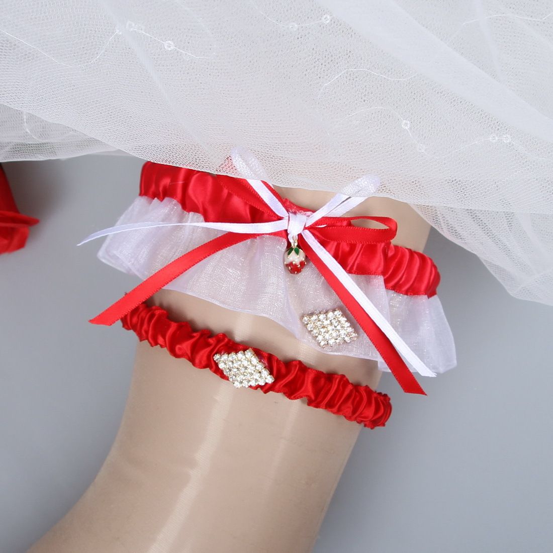 Red Prom Wedding Garter Bridal Garter Set With Rhinestones Bridal Leg