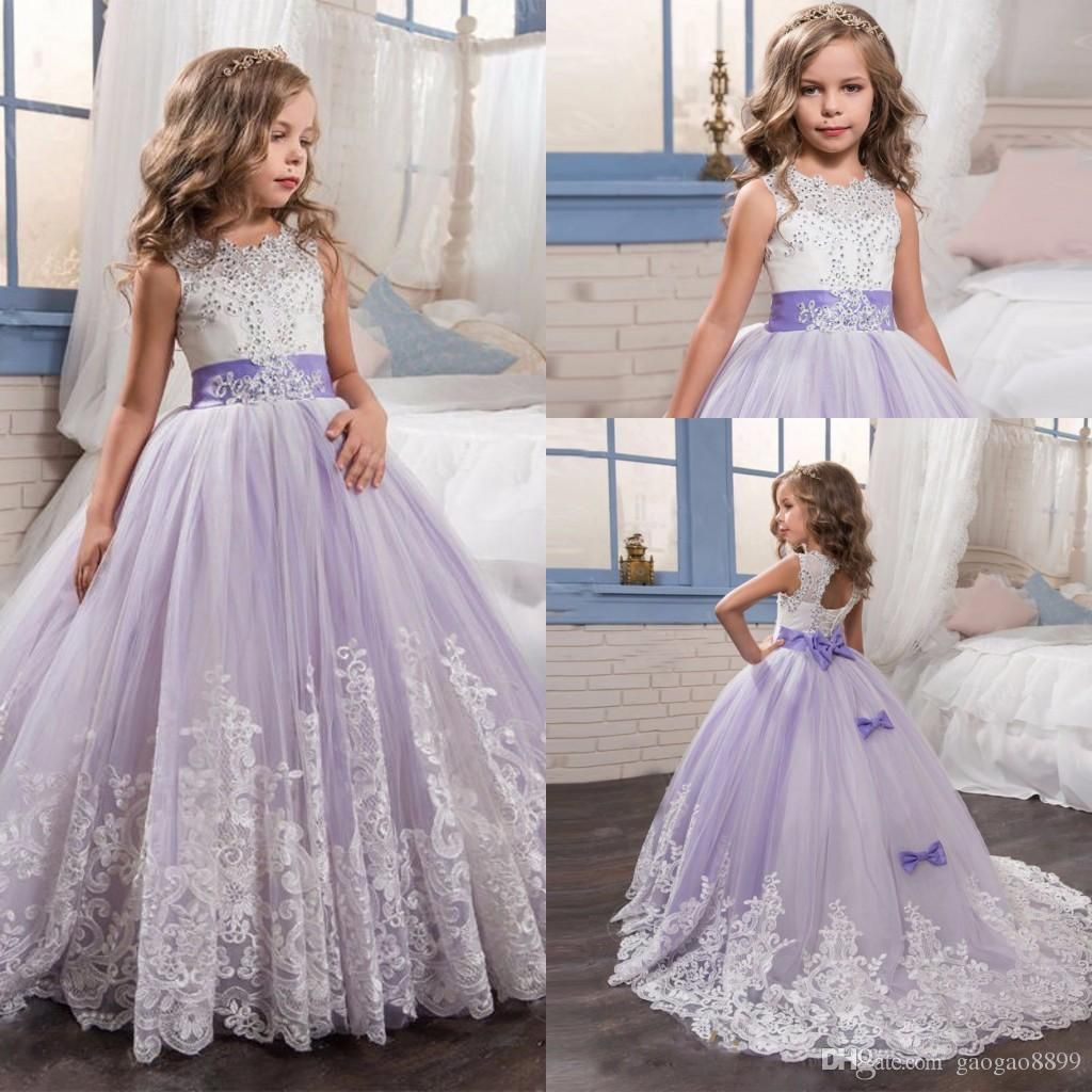 Lilac Tulle Sleeveless Lace Flower Girl Dresses For Wedding With Bow Ball Gown First Communion